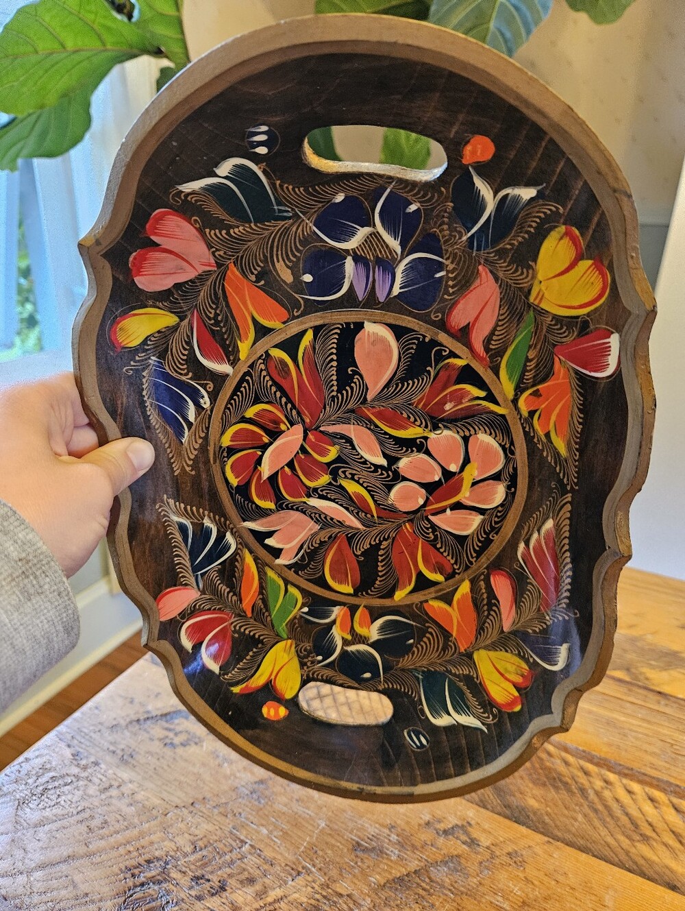 Vintage Hand-painted Mexican Flower Tray w/ Handles